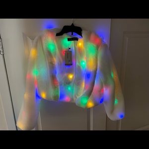 White Faux Fur Multicolor LED Light Up Women’s Coat Size Small Tags On Brand New